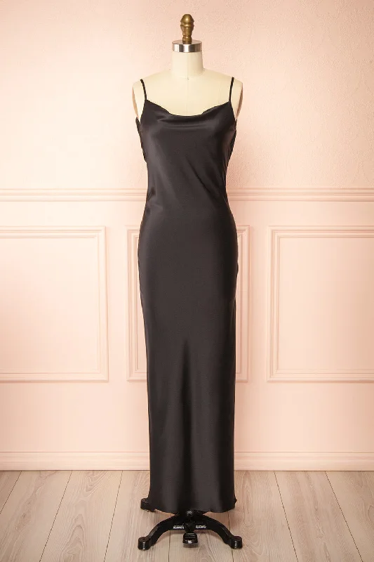 Bridesmaid dresses with chiffon fabric for comfort -Stacy Black | Long Satin Dress w/ Open Back Bridesmaid dresses with chiffon fabric for comfort -Stacy Black | Long Satin Dress w/ Open Back