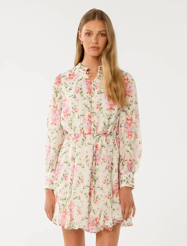 Day dress with draped fabric for soft look -Tina Long Sleeved Mini Dress