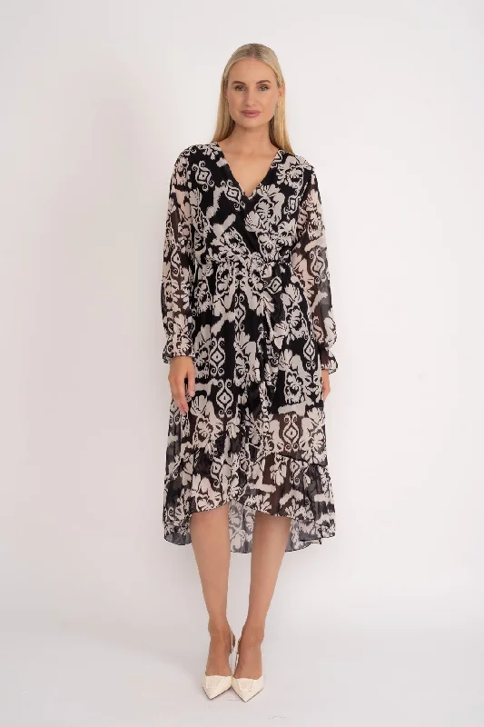 Day dress for coffee date -Long Sleeve Diana Black Midi Dress