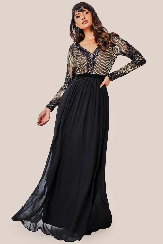 Bridesmaid dresses with a floral print for spring weddings -Goddiva Sequin Mesh Bodice Maxi Dress - Black Bridesmaid dresses with a floral print for spring weddings -Goddiva Sequin Mesh Bodice Maxi Dress - Black