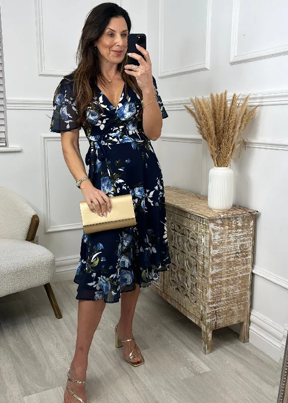 Day dress with empire waist for flattering fit -Viola Navy Floral Wrap Dress
