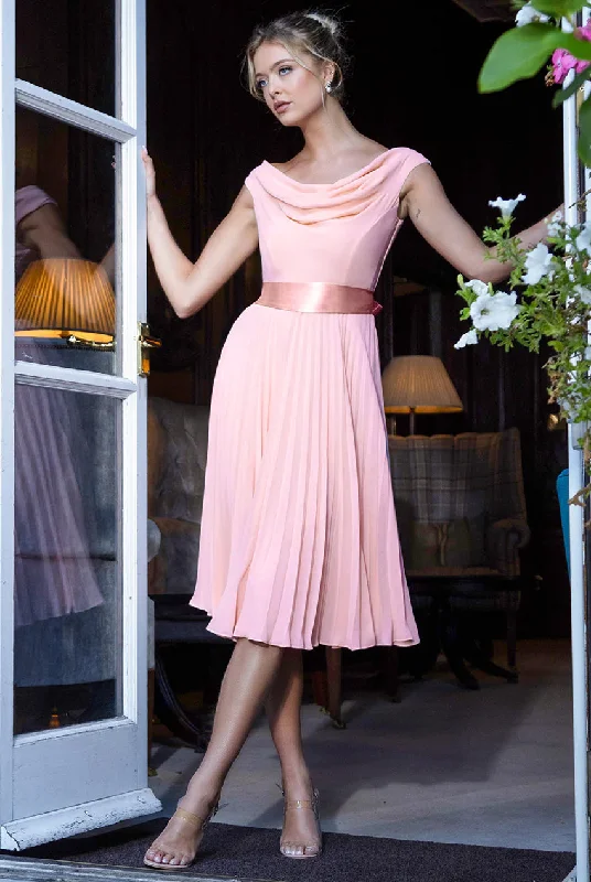 White bridesmaid dresses for summer wedding -Cowl Neck Pleated A-Line Chiffon Midi Dress - Blush Pink by Goddiva White bridesmaid dresses for summer wedding -Cowl Neck Pleated A-Line Chiffon Midi Dress - Blush Pink by Goddiva