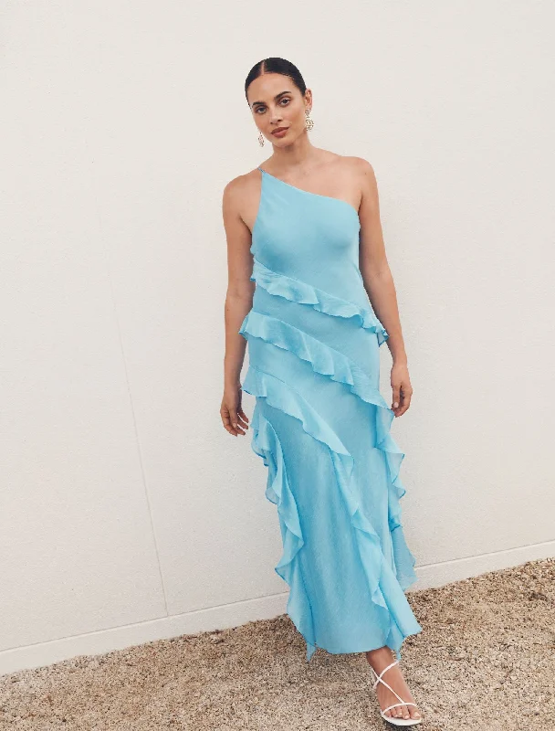 Striped day dress for nautical style -Belle One Shoulder Ruffle Dress