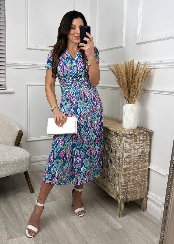 Day dress for outdoor picnic -Bristol Blue Ikat Print Midi Dress