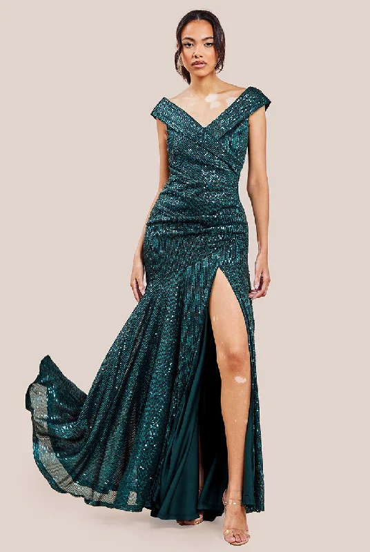 Affordable bridesmaid dress with simple silhouette -Bardot Sequin Pleated Maxi Dress - Emerald Green by Goddiva Affordable bridesmaid dress with simple silhouette -Bardot Sequin Pleated Maxi Dress - Emerald Green by Goddiva