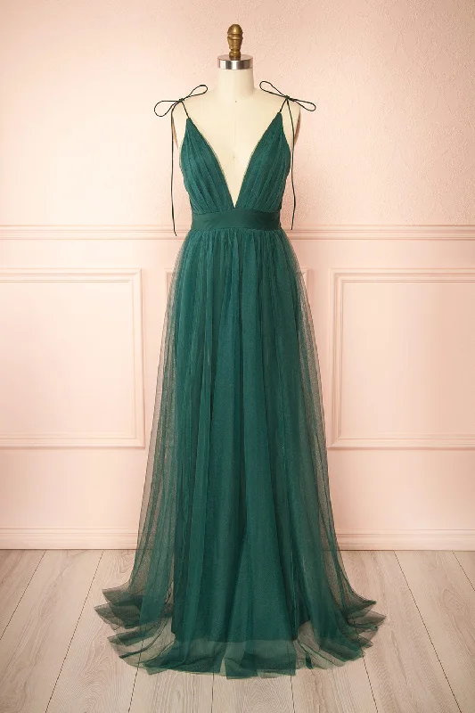 Affordable bridesmaid dress for wedding -Hyedi Green | Tulle Gown with Plunging Neckline Affordable bridesmaid dress for wedding -Hyedi Green | Tulle Gown with Plunging Neckline