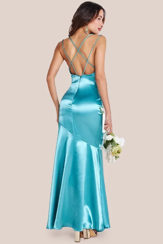 Ivory bridesmaid dress for subtle bridal look -Satin Cowl Neck With Strappy Back Maxi - Aqua by Goddiva Ivory bridesmaid dress for subtle bridal look -Satin Cowl Neck With Strappy Back Maxi - Aqua by Goddiva
