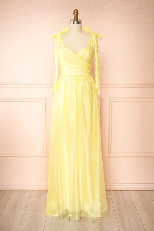 Bridesmaid dresses for formal weddings with long sleeves -Indya Yellow | Organza Maxi Dress w/ Tie Straps Bridesmaid dresses for formal weddings with long sleeves -Indya Yellow | Organza Maxi Dress w/ Tie Straps