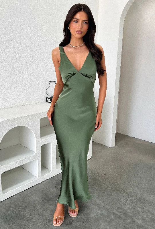 Simple day dress for minimalist style -Delayne V-Neck Satin Midi Dress - Olive