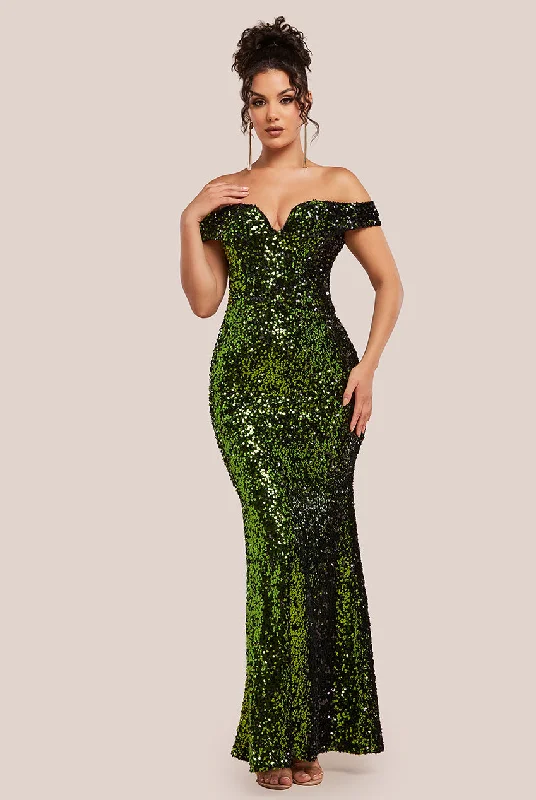 Bridesmaid dress with soft pink color for romantic feel -Sequin Velvet Bardot Evening Maxi Dress - Olive Green by Goddiva Bridesmaid dress with soft pink color for romantic feel -Sequin Velvet Bardot Evening Maxi Dress - Olive Green by Goddiva