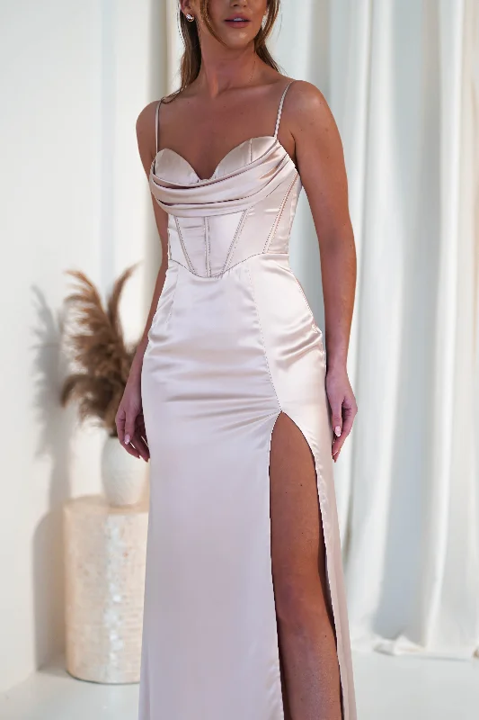 Bridesmaid dress with flattering A-line fit -Ziah Soft Satin Gown | Champagne