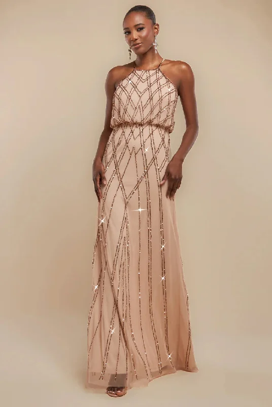 Bridesmaid dress with satin fabric for smooth, shiny finish -Racer Neck Sleeveless Hand Embellished Sequin Maxi Dress - Champagne by Goddiva Bridesmaid dress with satin fabric for smooth, shiny finish -Racer Neck Sleeveless Hand Embellished Sequin Maxi Dress - Champagne by Goddiva