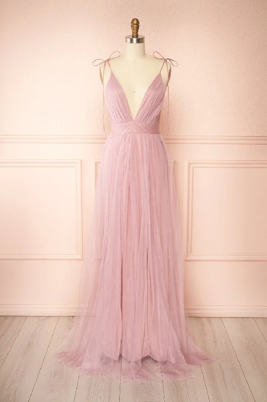Affordable bridesmaid dress with simple silhouette -Hyedi Mauve | Tulle Gown with Plunging Neckline Affordable bridesmaid dress with simple silhouette -Hyedi Mauve | Tulle Gown with Plunging Neckline