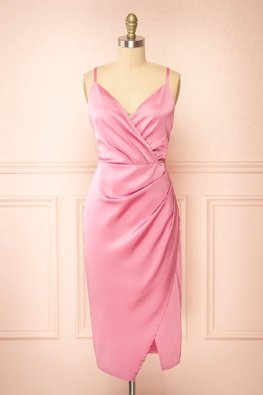Bridesmaid dresses with crystal embellishments for shine -Jazebelle | Pink Satin Midi Dress w/ Slit Bridesmaid dresses with crystal embellishments for shine -Jazebelle | Pink Satin Midi Dress w/ Slit