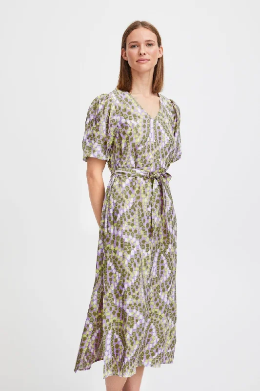 Day dress with square neckline for vintage style -Green Printed Midi Dress