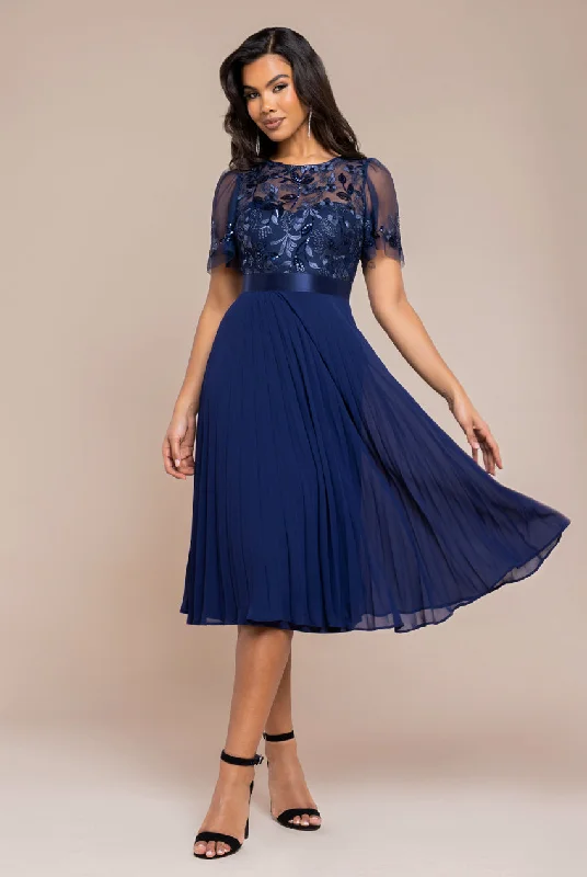 Bridesmaid dresses with pleated skirt for fullness -Goddiva Embroidered Top Chiffon Pleated Midi - Navy Blue Bridesmaid dresses with pleated skirt for fullness -Goddiva Embroidered Top Chiffon Pleated Midi - Navy Blue
