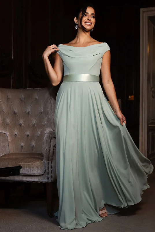 Bridesmaid dress with floral chiffon for breezy elegance -Cowl Neck Chiffon Maxi Dress - Sage Green by Goddiva Bridesmaid dress with floral chiffon for breezy elegance -Cowl Neck Chiffon Maxi Dress - Sage Green by Goddiva