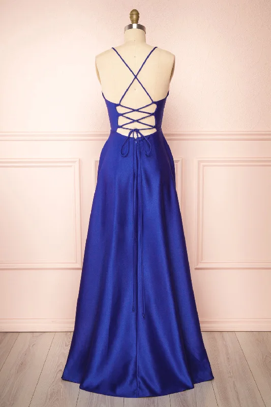Trendy bridesmaid dresses for modern weddings -Julia Blue | Satin Maxi Dress w/ High Slit Trendy bridesmaid dresses for modern weddings -Julia Blue | Satin Maxi Dress w/ High Slit