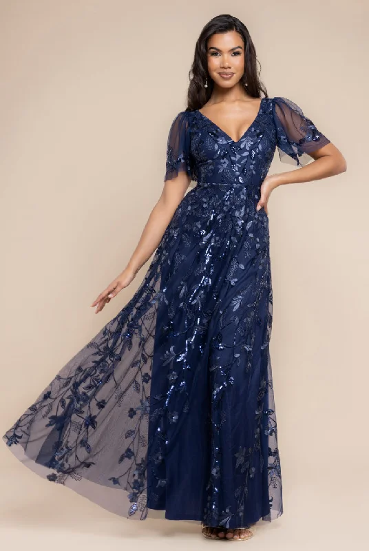 Bridesmaid dresses with lace bodice for vintage-inspired look -Flared Sleeve Embroidered Maxi Dress - Navy Blue by Goddiva Bridesmaid dresses with lace bodice for vintage-inspired look -Flared Sleeve Embroidered Maxi Dress - Navy Blue by Goddiva