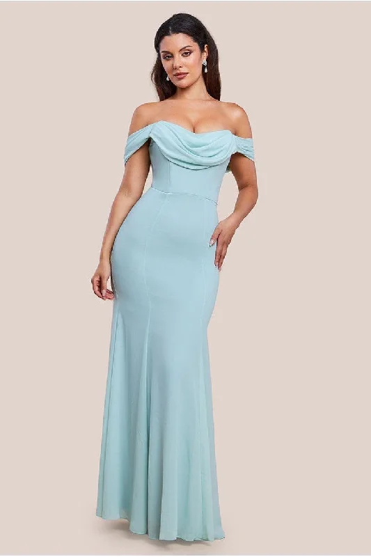 Bridesmaid dress with embroidered details for intricate design -Chiffon Bardot Cowl Neck Maxi Dress - Sage Green by Goddiva Bridesmaid dress with embroidered details for intricate design -Chiffon Bardot Cowl Neck Maxi Dress - Sage Green by Goddiva