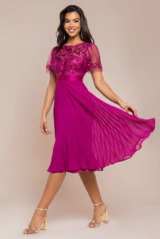 Bridesmaid dress with open back for sultry effect -Goddiva Embroidered Top Chiffon Pleated Midi - Magenta Bridesmaid dress with open back for sultry effect -Goddiva Embroidered Top Chiffon Pleated Midi - Magenta