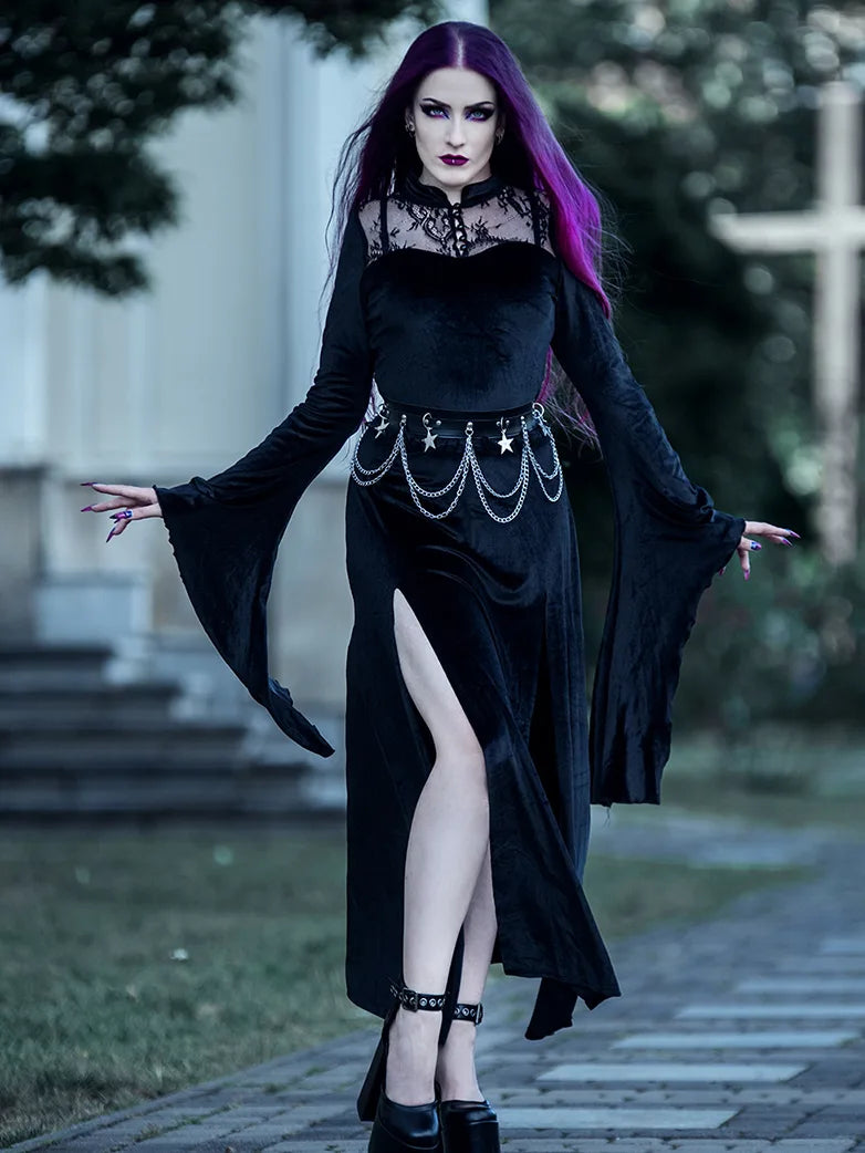 Women’s work dress with feminine cut for office -Victorian Gothic Stand Collar Lace Velvet Slit Dress Women’s work dress with feminine cut for office -Victorian Gothic Stand Collar Lace Velvet Slit Dress