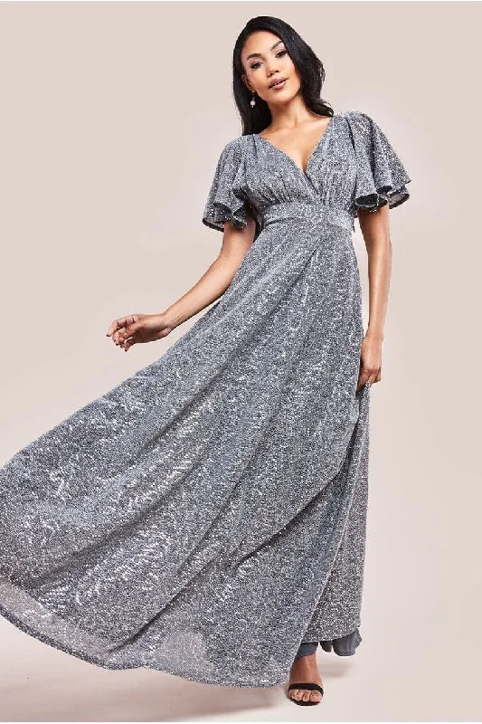 Bridesmaid dresses with asymmetrical hemline for modern look -Sequin Lurex Flutter Sleeve Maxi Dress - Silver by Goddiva Bridesmaid dresses with asymmetrical hemline for modern look -Sequin Lurex Flutter Sleeve Maxi Dress - Silver by Goddiva