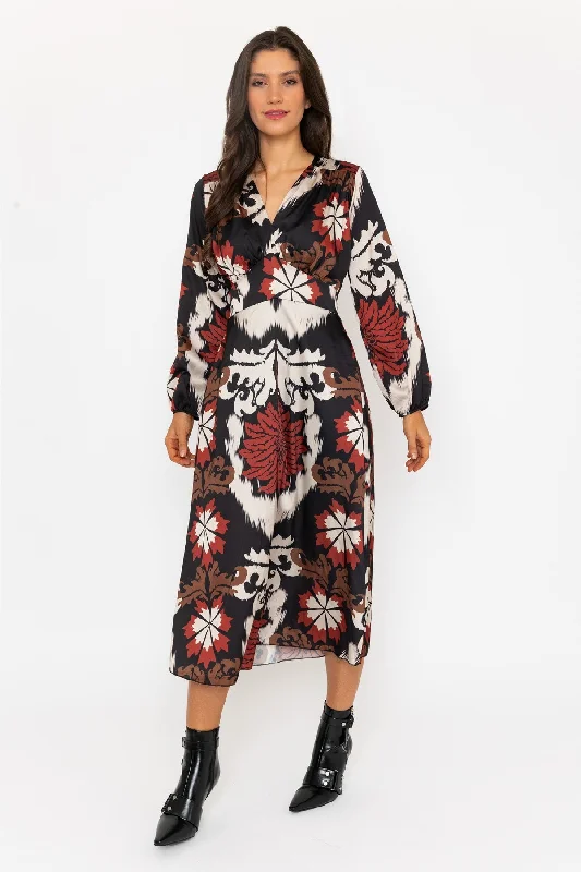 Day dress with pleats for textured look -Long Sleeve Cliodhna Midi Dress Sateen Brown Print Day dress with pleats for textured look -Long Sleeve Cliodhna Midi Dress Sateen Brown Print