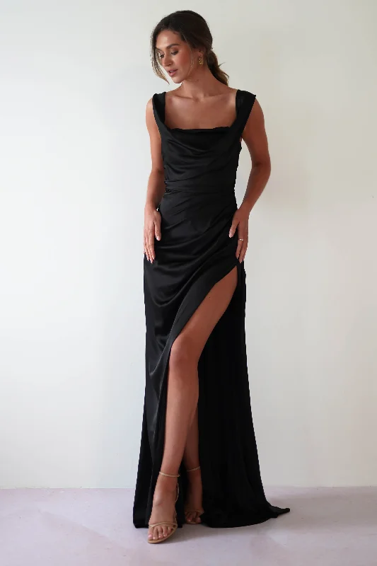 Comfortable bridesmaid dresses for long wedding day -Beth Draped Silky Satin Gown | Black Comfortable bridesmaid dresses for long wedding day -Beth Draped Silky Satin Gown | Black
