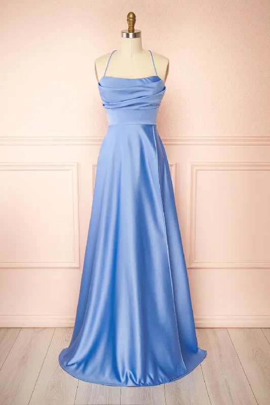 Bridesmaid dress with waistline embellishment for extra charm -Marlys Light Blue | Cowl Neck Satin Maxi Dress w/ High Slit Bridesmaid dress with waistline embellishment for extra charm -Marlys Light Blue | Cowl Neck Satin Maxi Dress w/ High Slit