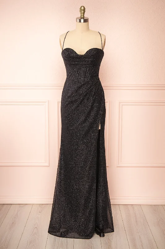 Bridesmaid dress for outdoor wedding in summer -Frosti Black | Sparkly Cowl Neck Maxi Dress Bridesmaid dress for outdoor wedding in summer -Frosti Black | Sparkly Cowl Neck Maxi Dress