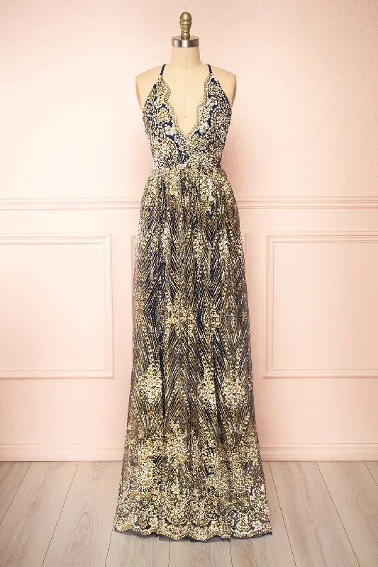 Bridesmaid dress with ruffled bodice for textured look -Sharidan Navy | Glitter Mesh Maxi Dress Bridesmaid dress with ruffled bodice for textured look -Sharidan Navy | Glitter Mesh Maxi Dress