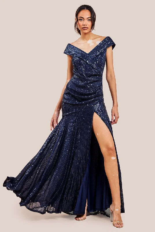 A-line bridesmaid dress for a flattering shape -Bardot Sequin Pleated Maxi Dress - Navy by Goddiva A-line bridesmaid dress for a flattering shape -Bardot Sequin Pleated Maxi Dress - Navy by Goddiva