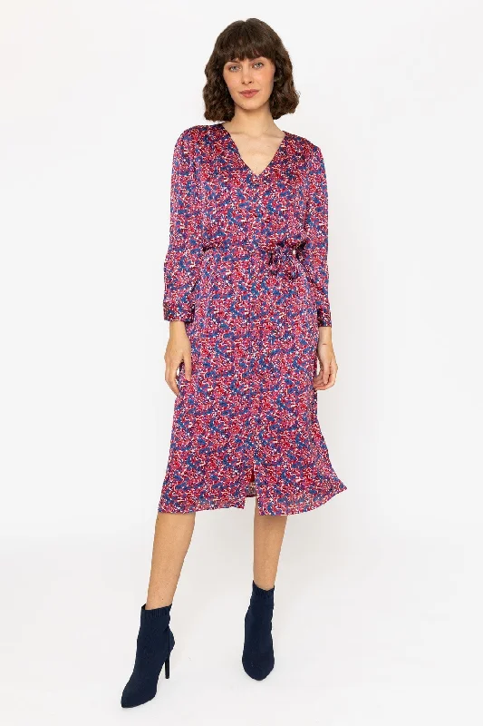 Day dress with V-neck for stylish neckline -Long Sleeve Red Floral Jennifer Midi Dress Day dress with V-neck for stylish neckline -Long Sleeve Red Floral Jennifer Midi Dress