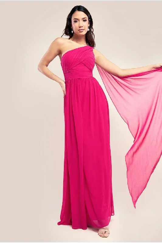 Modern bridesmaid dress with clean lines -One Shoulder Pleated Chiffon Scarf Maxi - Magenta by Goddiva Modern bridesmaid dress with clean lines -One Shoulder Pleated Chiffon Scarf Maxi - Magenta by Goddiva