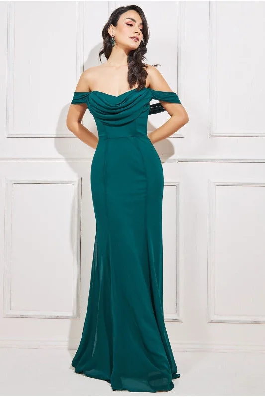 Affordable long bridesmaid dress for wedding -Goddiva Chiffon Bardot Cowl Neck Maxi Dress - Emerald Green Affordable long bridesmaid dress for wedding -Goddiva Chiffon Bardot Cowl Neck Maxi Dress - Emerald Green