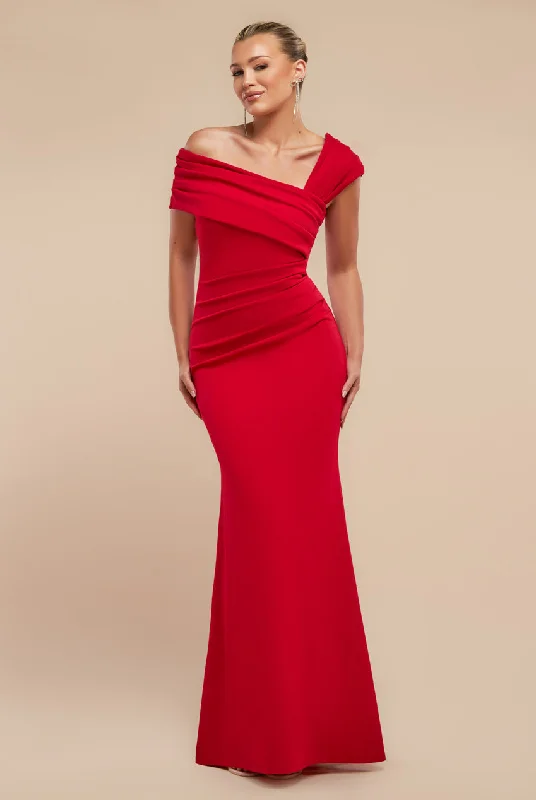Bridesmaid dress with floral applique for feminine vibe -One Shoulder Evening Maxi Dress - Red by Goddiva Bridesmaid dress with floral applique for feminine vibe -One Shoulder Evening Maxi Dress - Red by Goddiva