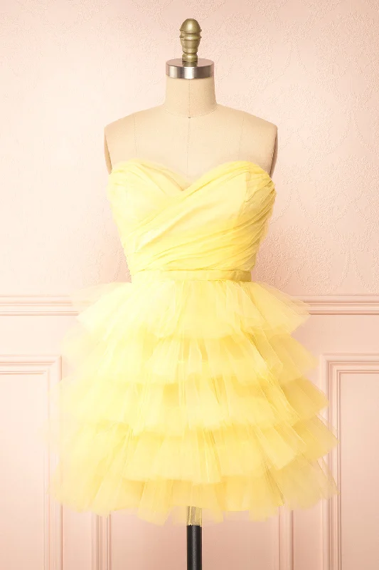 Elegant bridesmaid dress with criss-cross back -Myrah Yellow | Strapless Tiered Tulle Short Dress Elegant bridesmaid dress with criss-cross back -Myrah Yellow | Strapless Tiered Tulle Short Dress