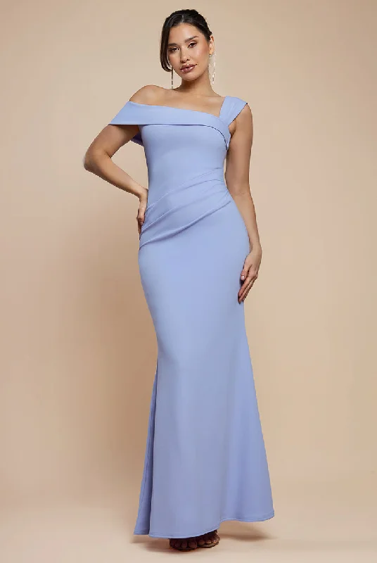 Bridesmaid dress with frilled details for playful vibe -Off The Shoulder Pleated Waist Maxi Dress - Lilac by Goddiva Bridesmaid dress with frilled details for playful vibe -Off The Shoulder Pleated Waist Maxi Dress - Lilac by Goddiva