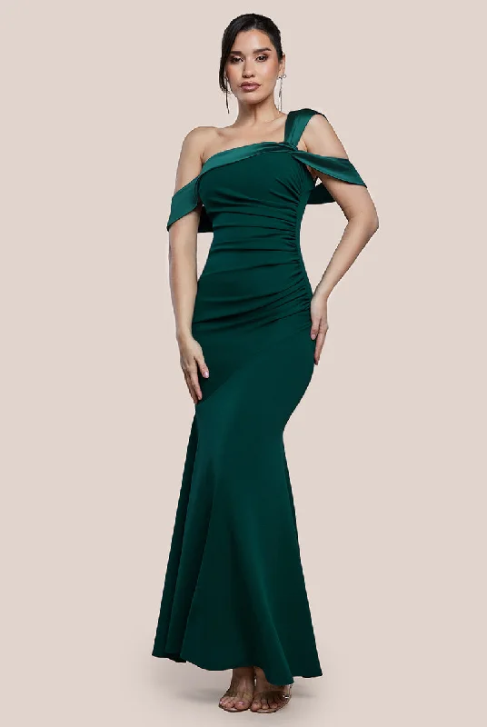 Bridesmaid dress with lace-up bodice for structured fit -Goddiva One Shoulder Satin Band Maxi Dress - Emerald Green Bridesmaid dress with lace-up bodice for structured fit -Goddiva One Shoulder Satin Band Maxi Dress - Emerald Green
