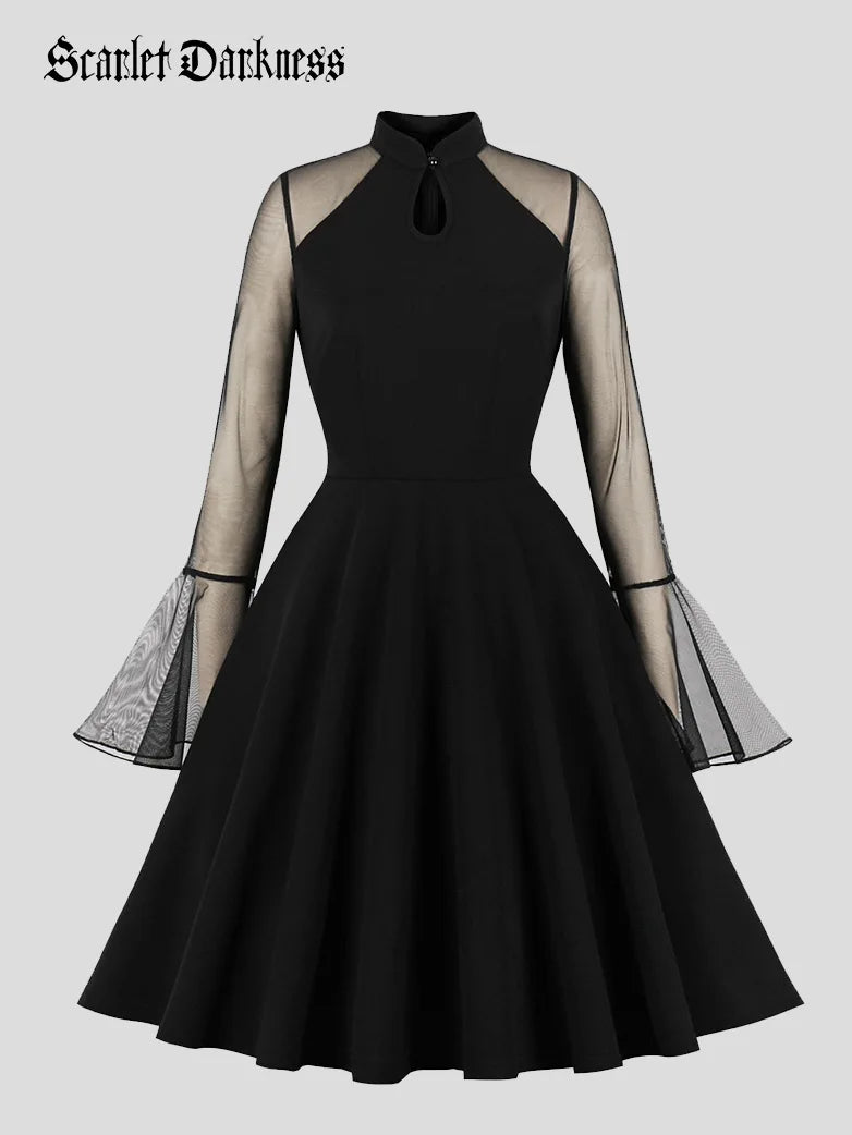 Chic women’s office work dress with belt accent -Women Gothic Mesh Paneled Bell Sleeve Dress Chic women’s office work dress with belt accent -Women Gothic Mesh Paneled Bell Sleeve Dress