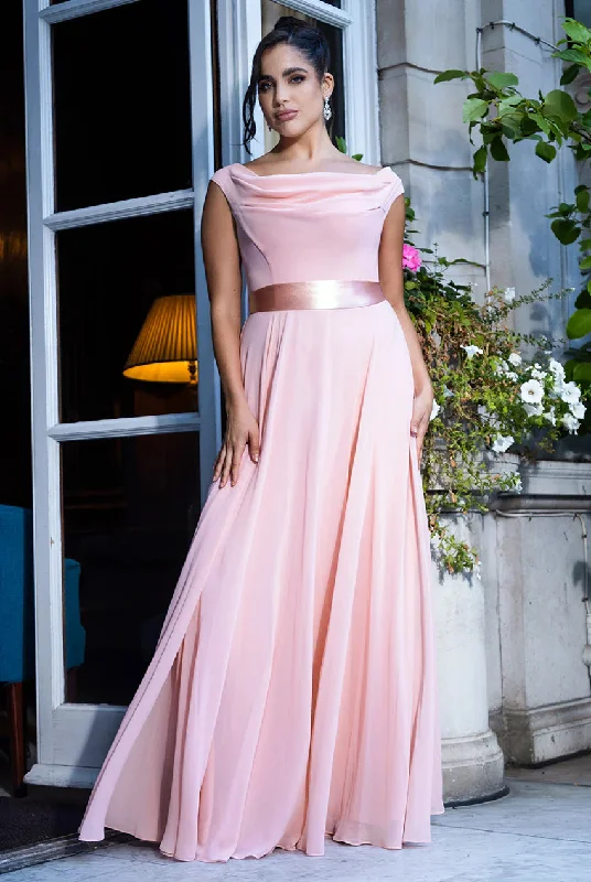 Bridesmaid dresses with metallic accents for shine -Cowl Neck Chiffon Maxi Dress - Blush Pink by Goddiva Bridesmaid dresses with metallic accents for shine -Cowl Neck Chiffon Maxi Dress - Blush Pink by Goddiva