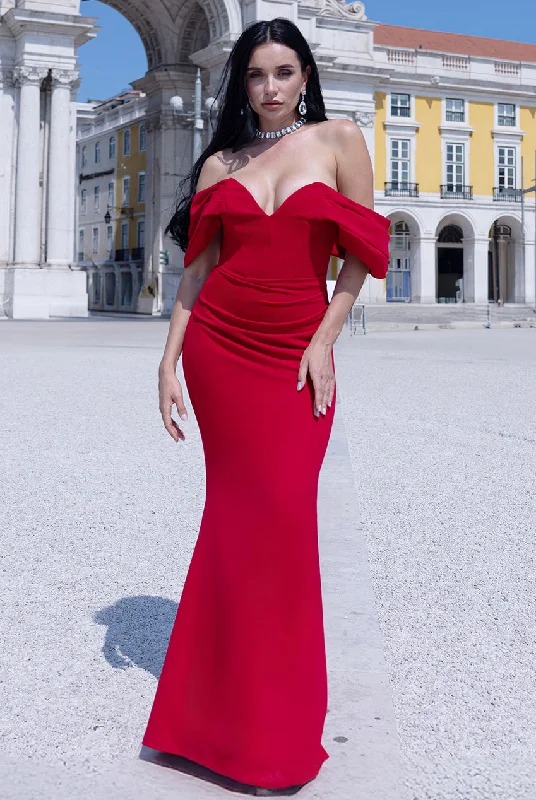 Tea-length bridesmaid dress for vintage weddings -Off The Shoulder Draped Sleeve Maxi Dress - Red by Goddiva Tea-length bridesmaid dress for vintage weddings -Off The Shoulder Draped Sleeve Maxi Dress - Red by Goddiva