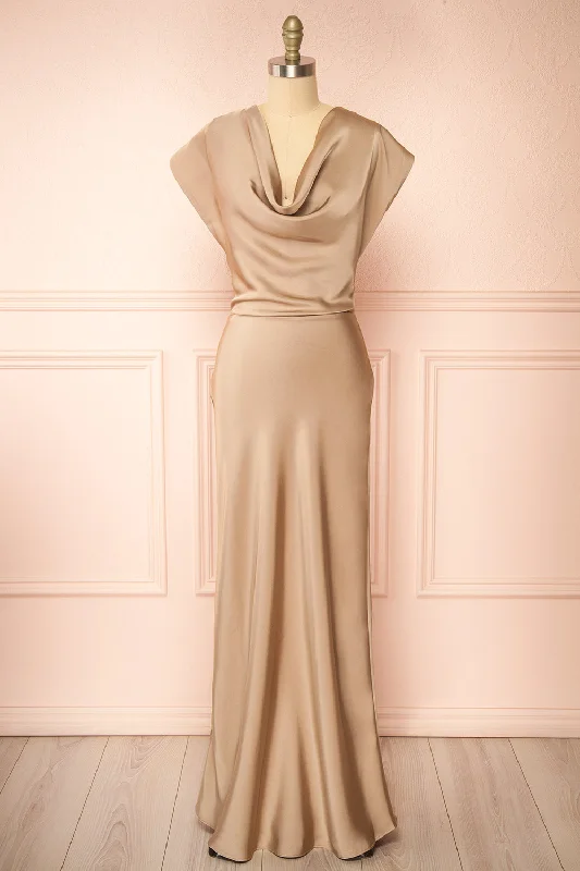 Tea-length bridesmaid dress for vintage weddings -Korpa Champagne | Satin Maxi Dress w/ Cowl Neck Tea-length bridesmaid dress for vintage weddings -Korpa Champagne | Satin Maxi Dress w/ Cowl Neck