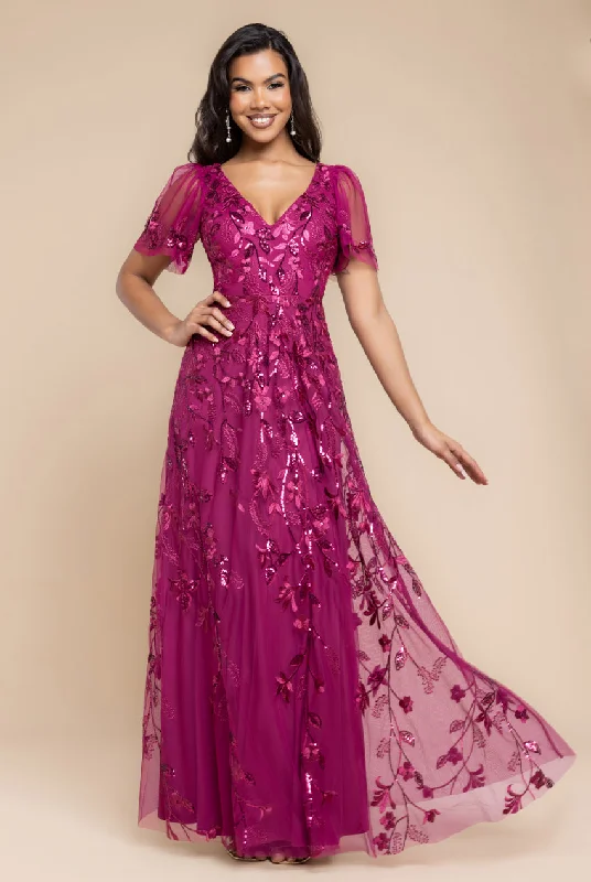 Bridesmaid dresses with V-neckline for graceful look -Goddiva Flared Sleeve Embroidered Maxi Dress - Magenta Bridesmaid dresses with V-neckline for graceful look -Goddiva Flared Sleeve Embroidered Maxi Dress - Magenta