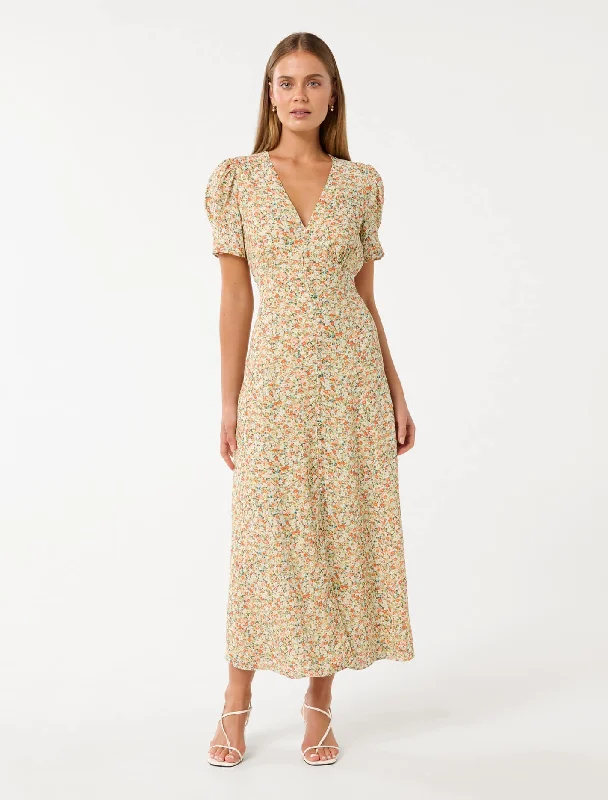 Day dress with shirred waist for feminine silhouette -Safira Printed Midi Sun Dress Day dress with shirred waist for feminine silhouette -Safira Printed Midi Sun Dress