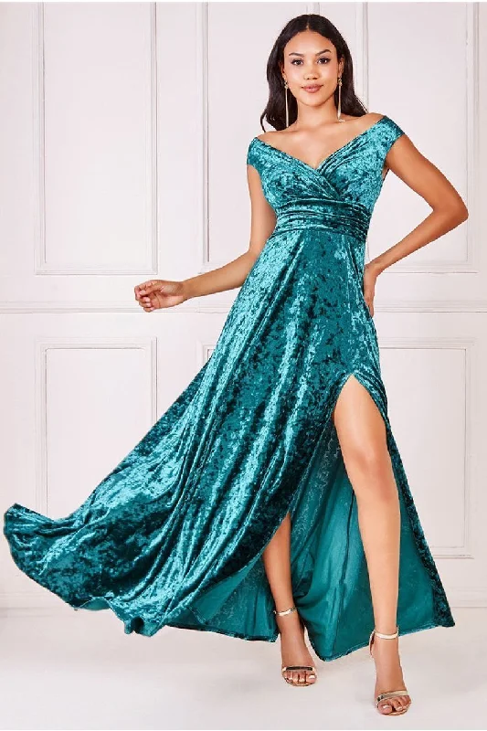Ivory bridesmaid dress for subtle bridal look -Ice Velvet Bardot Wrap Maxi - Emerald Green by Goddiva Ivory bridesmaid dress for subtle bridal look -Ice Velvet Bardot Wrap Maxi - Emerald Green by Goddiva