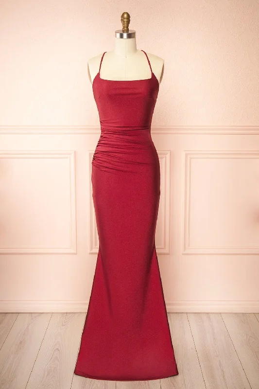 Bridesmaid dresses with unique design details -Akari Burgundy | Mermaid Maxi Dress