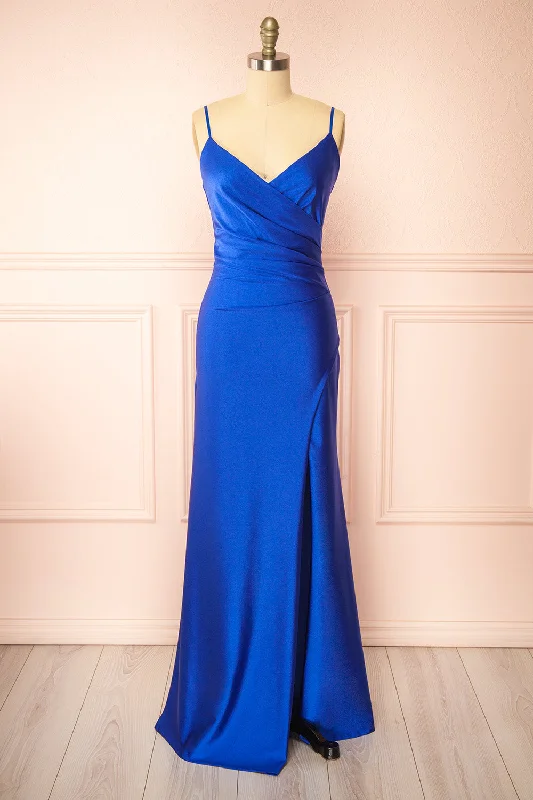 Satin bridesmaid dress for a luxurious feel -Nyra Blue | Mermaid Dress w/ Wrapped Bodice Satin bridesmaid dress for a luxurious feel -Nyra Blue | Mermaid Dress w/ Wrapped Bodice