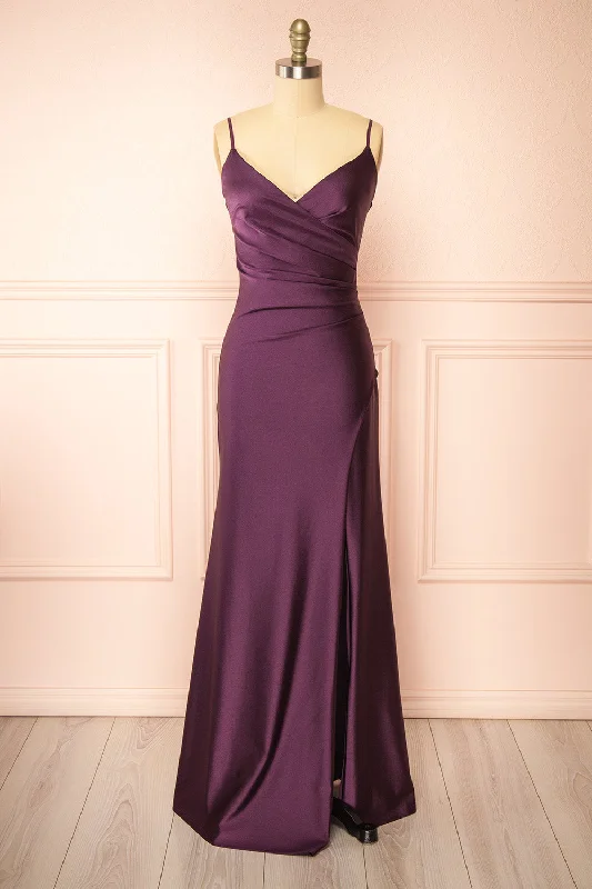 Bridesmaid dresses with sheer details for elegant touch -Nyra Purple | Mermaid Dress w/ Wrapped Bodice Bridesmaid dresses with sheer details for elegant touch -Nyra Purple | Mermaid Dress w/ Wrapped Bodice